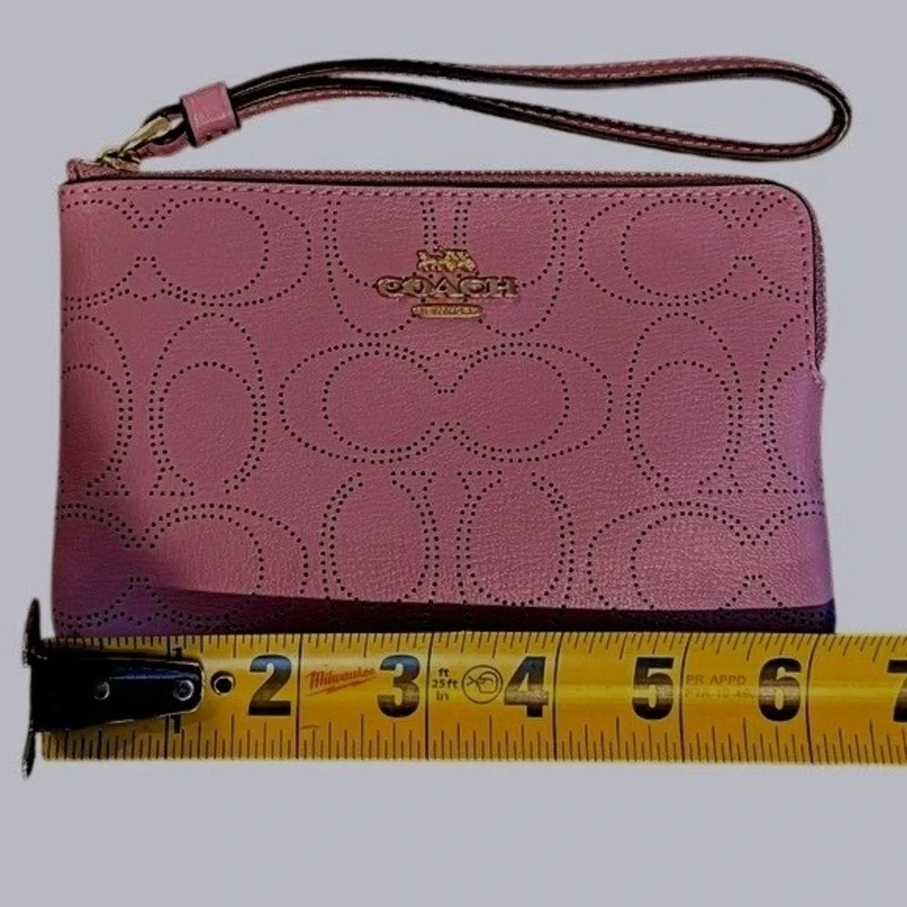 Coach Purple Perforated Signature C Leather Wristlet Gold Hardware Zip Pouch